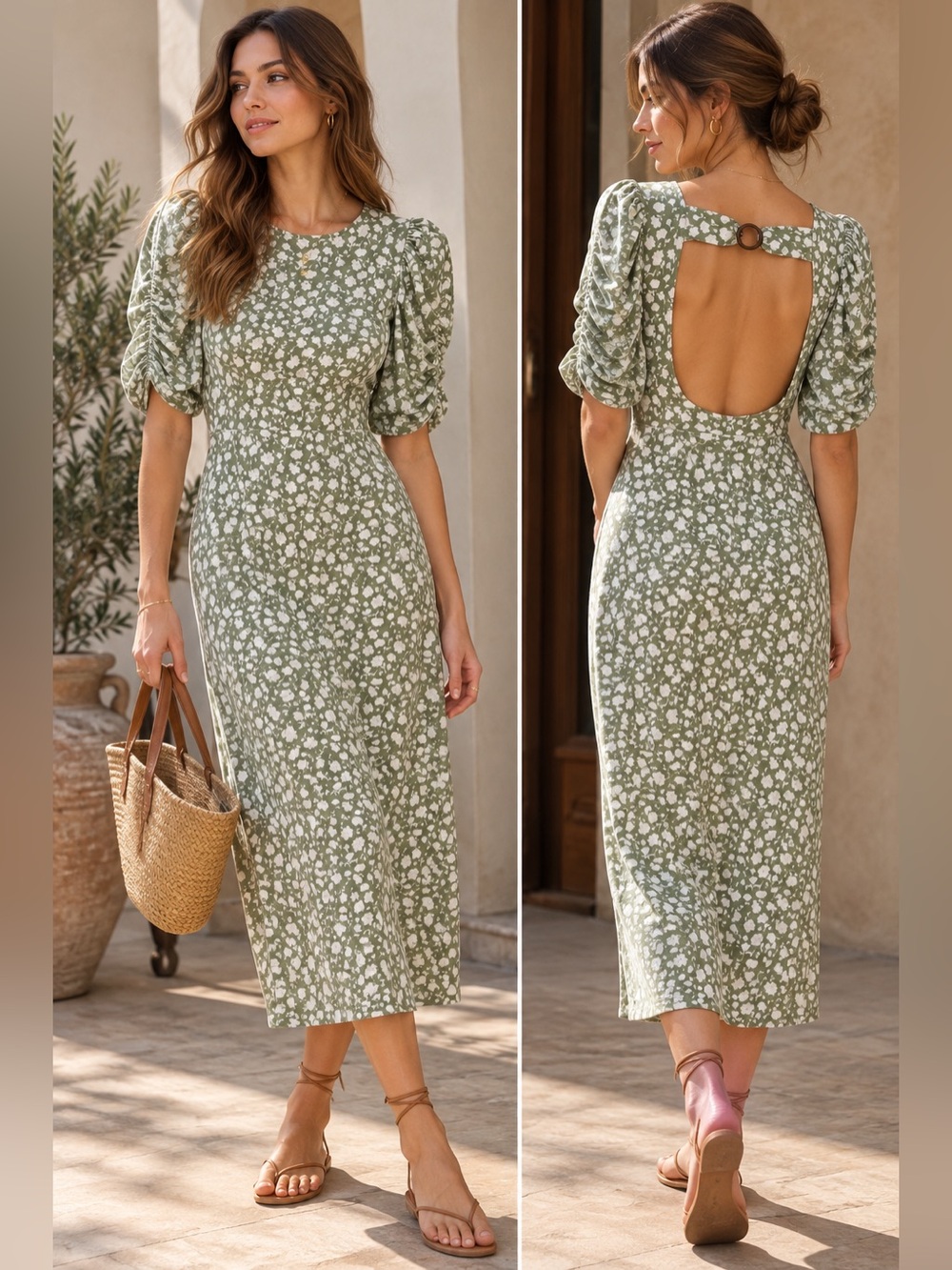 Free People Rosie Sage Green Floral Open Back Puff Sleeve Midi Dress M